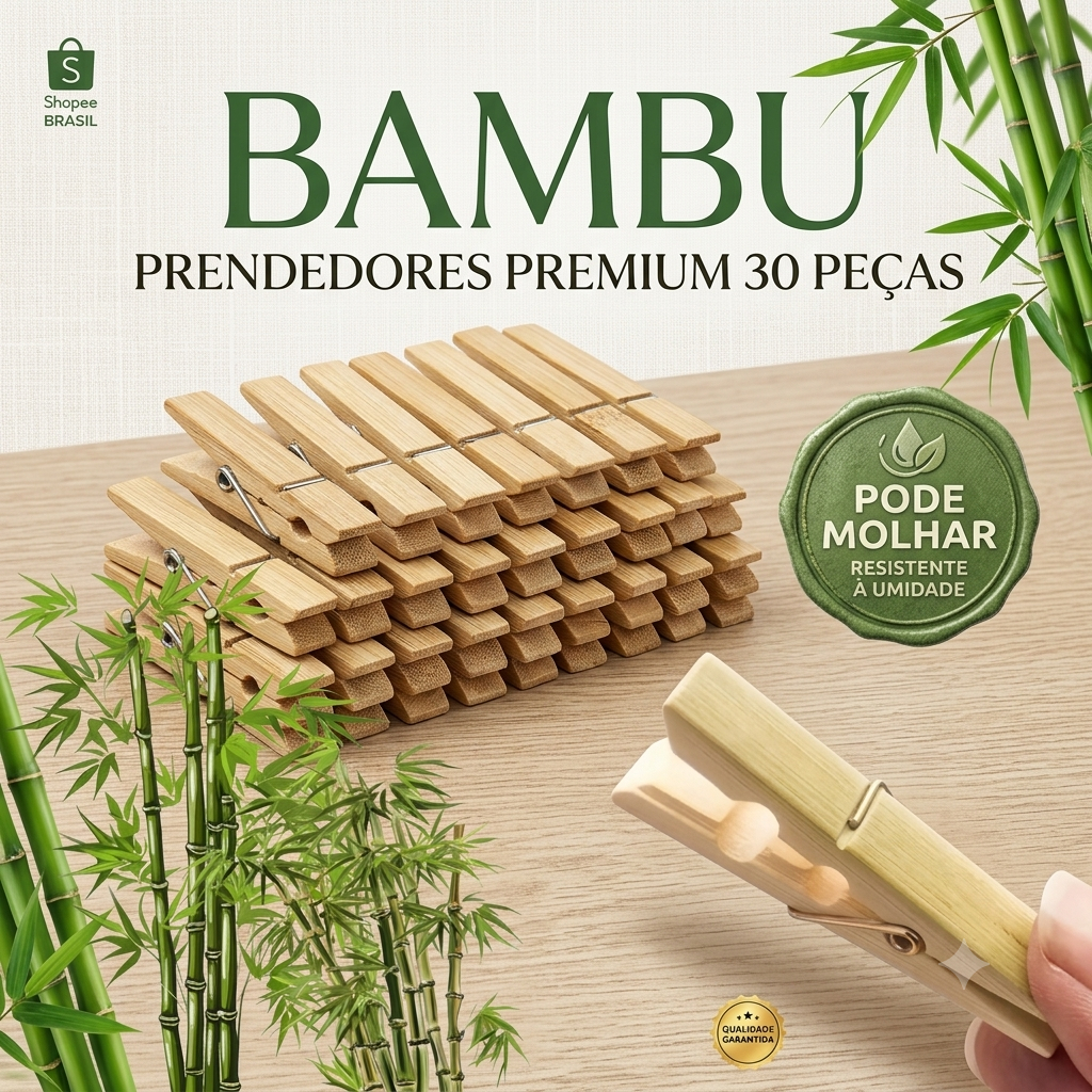 Kit 20 a 60 Pregador Prendedor de Roupa bambu Premium Reforçado Resistente para Varal 6x1cm