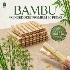 Kit 20 a 60 Pregador Prendedor de Roupa bambu Premium Reforçado Resistente para Varal 6x1cm