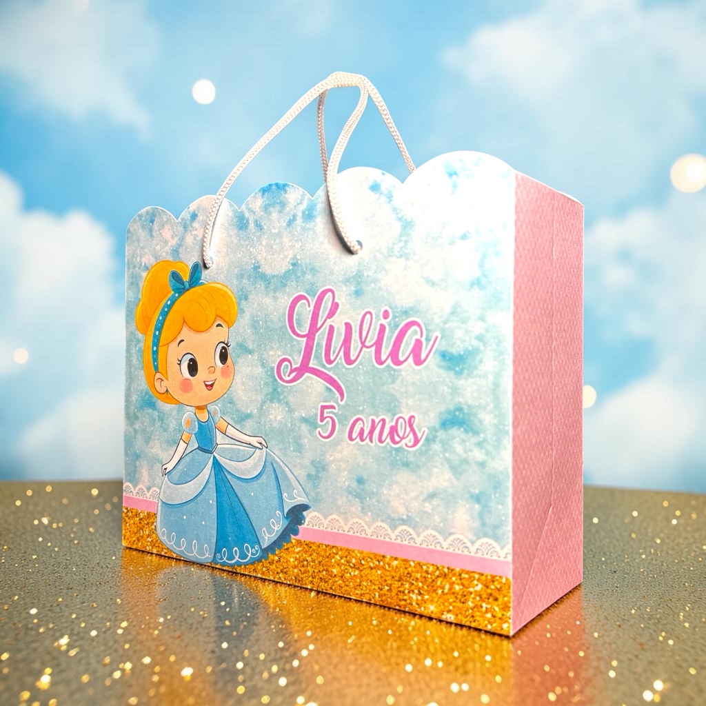 Sacolinha Surpresa Personalizada Cinderela Cute (Pegue e Monte) Lembrancinha Festa Infantil Nome e Idade Aniversário