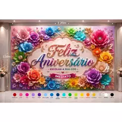 Fundo Fotográfico Feliz Aniversario Alegre Chique Painel em Tecido Tamanho 2,20 Larg x 1,50 Alt