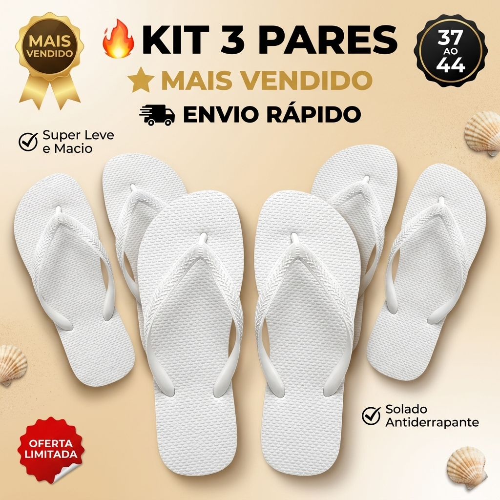 Kit 3 Pares Chinelos Brancos Unissex Antiderrapante Macio Praia Piscina Confortável Promoção