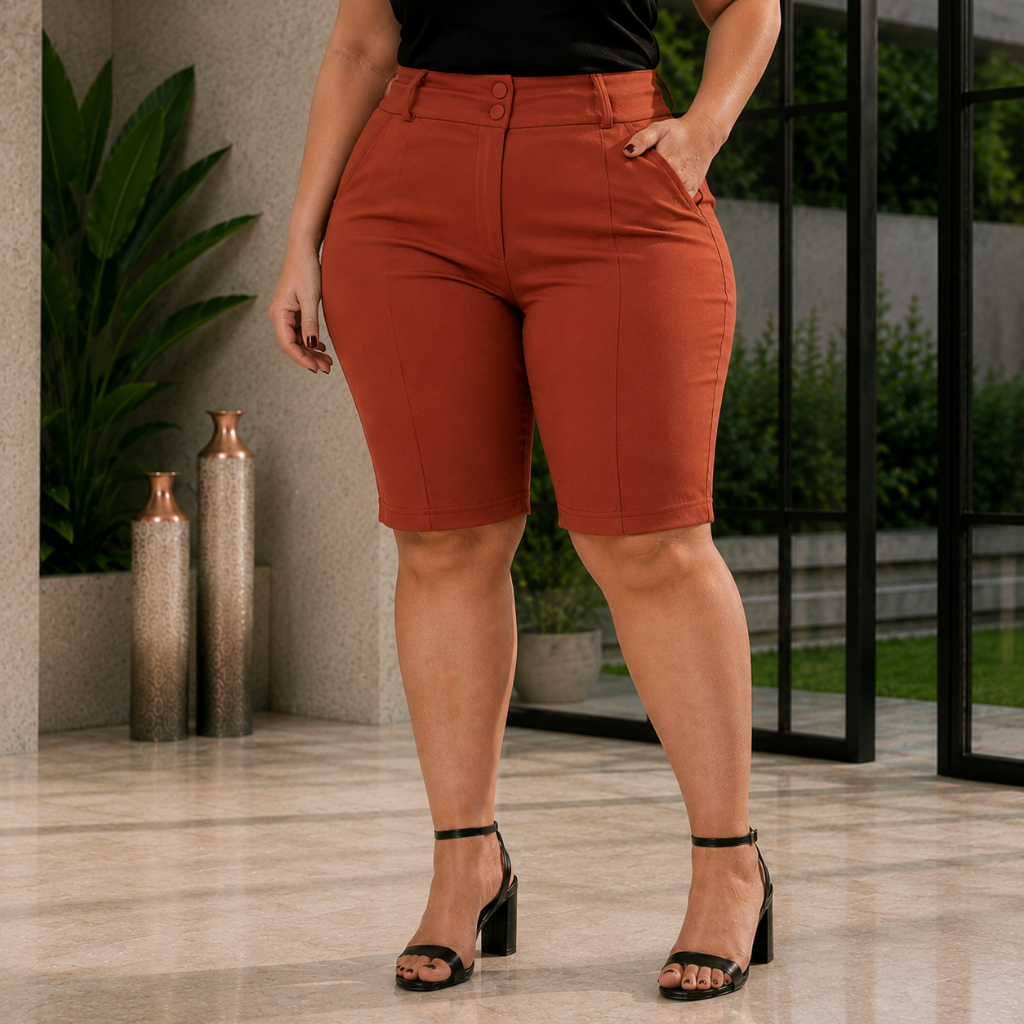 Bermuda Plus Size Bengaline Feminina Social com Botão Alfaiataria Cintura Alta 42 ao 52