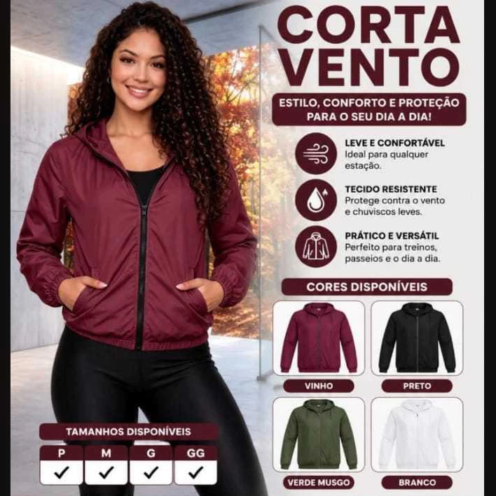 Jaqueta Corta Vento Feminina Leve com Capuz, Bolso e Zíper - Tamanhos P ao GG (36-44)