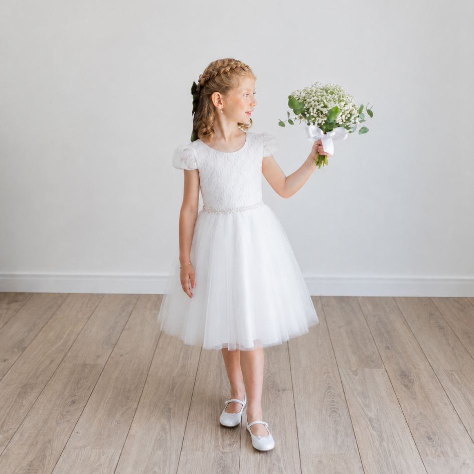 Vestido  Infantil Branco Midi Festa Daminha Casamento Dama Batizado Florista REF2216
