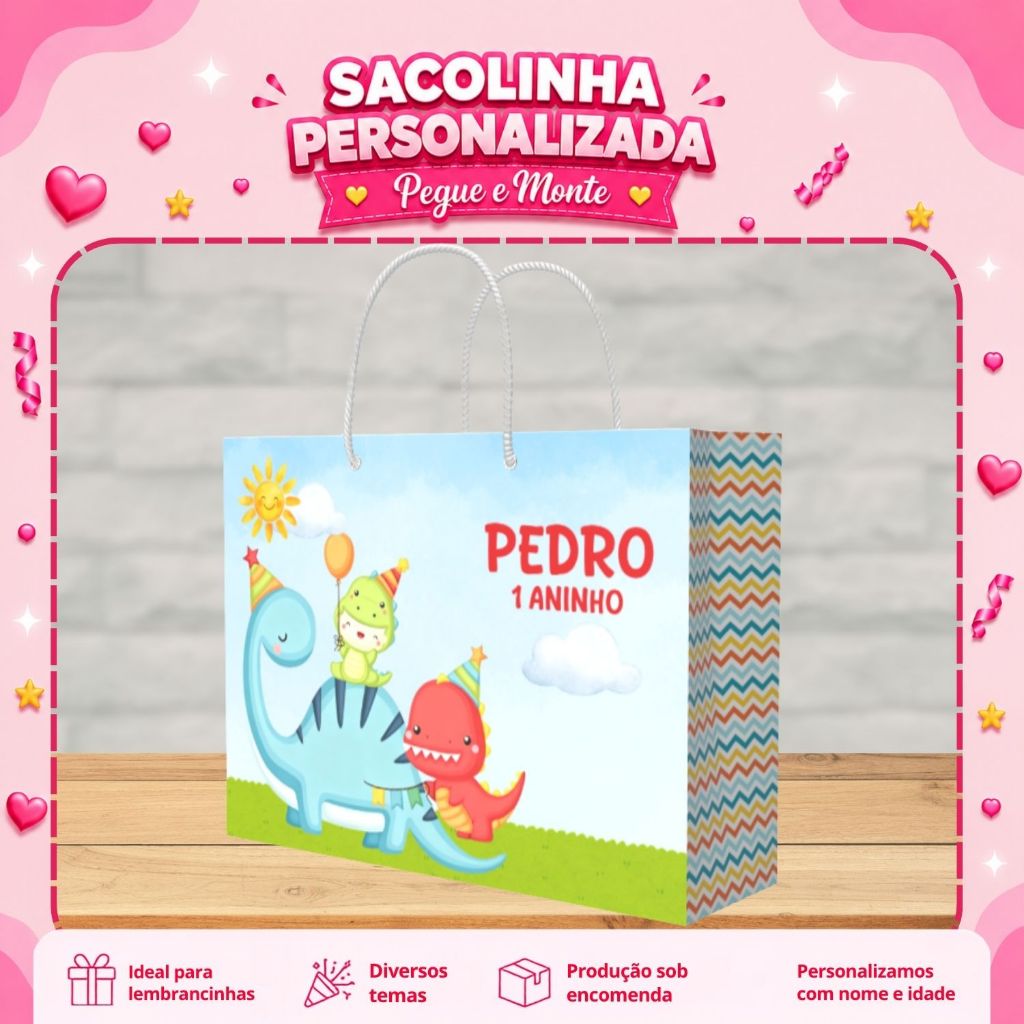 Sacolinha Personalizada Dinossauro Baby | Lembrancinha | Mimo | Aniversário | Surpresa | Pegue e Monte