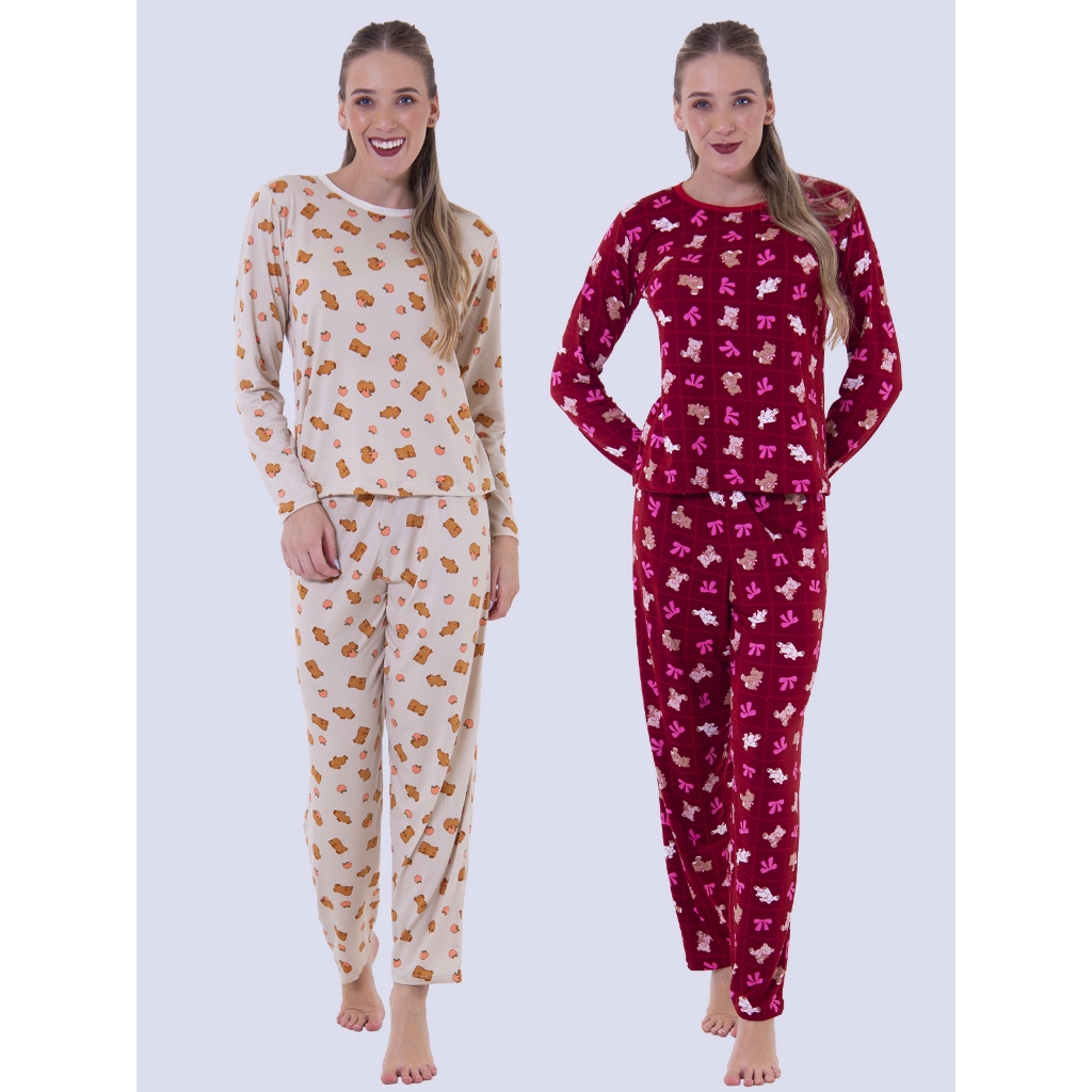 KIT 2 Pijamas Feminino de Suede Manga Longa Outono Inverno
