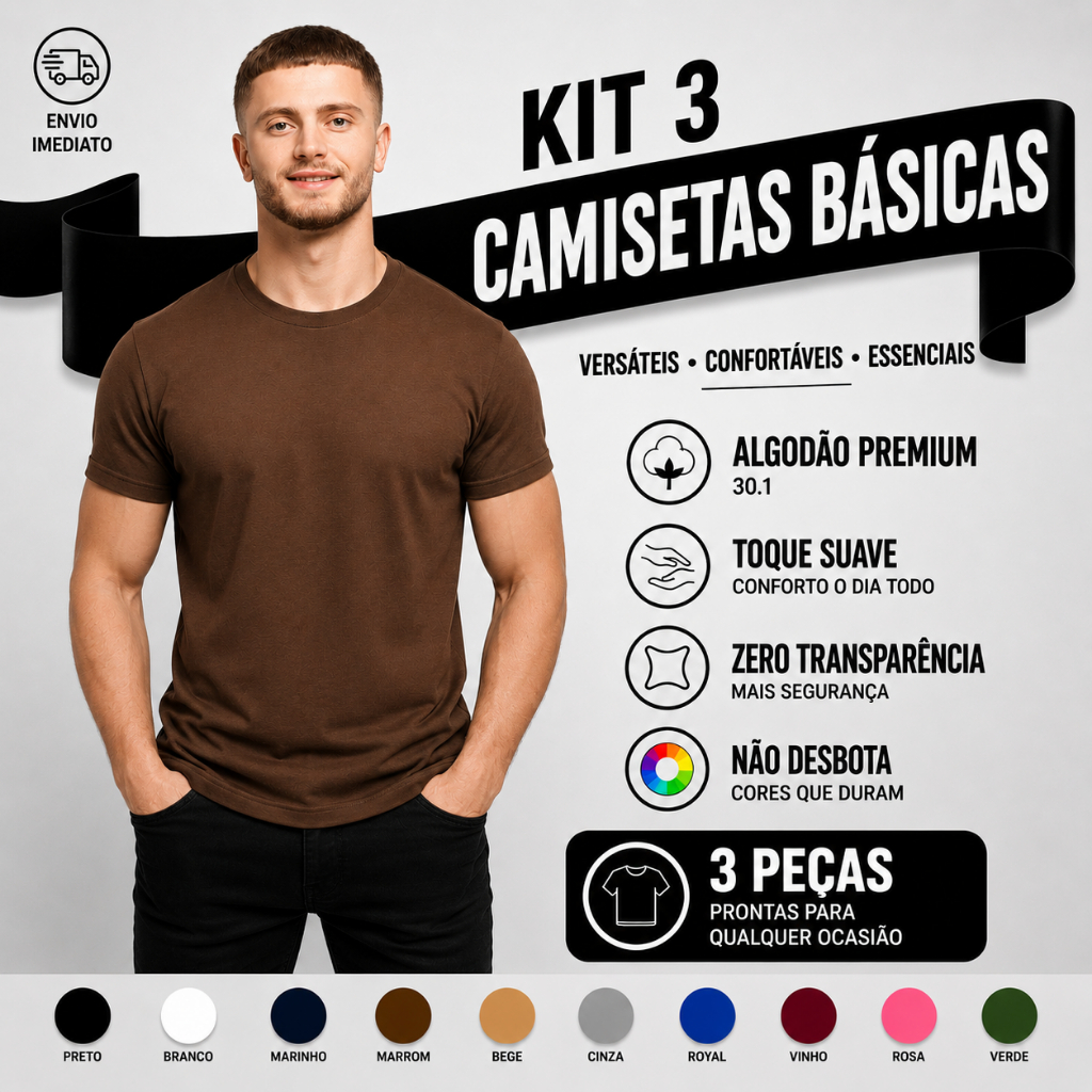 Camiseta Masculina Algodão Kit 3 Camisetas Marrom Masculinas Slim Básicas Gola Redonda Tribo