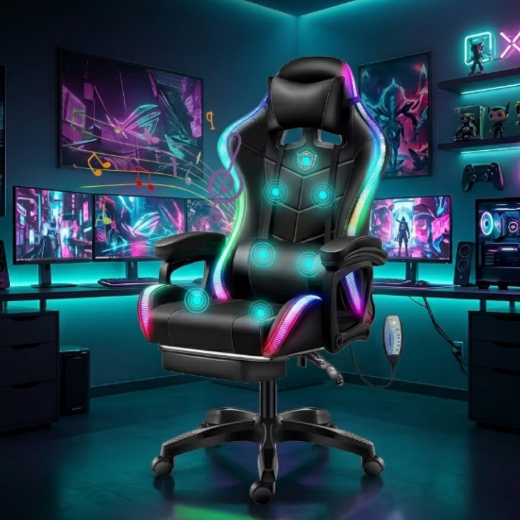 Cadeira Gamer RGB LED com Massagem e Caixa de Som Bluetooth Reclinável Ergonômica – Preta