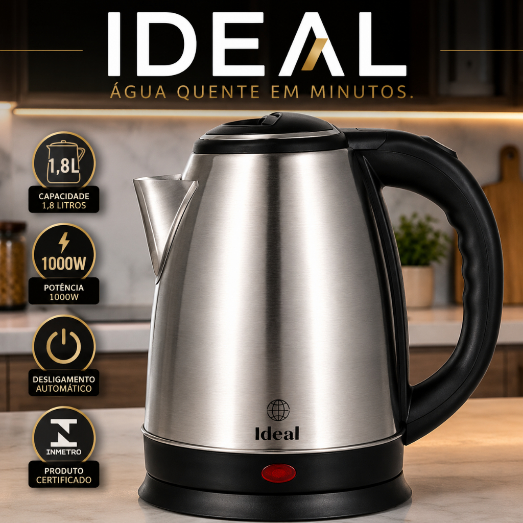 Chaleira Elétrica Inox 1,8L 1000W 127V Aquecimento Rápido Desligamento Automático Base 360° IDEAL