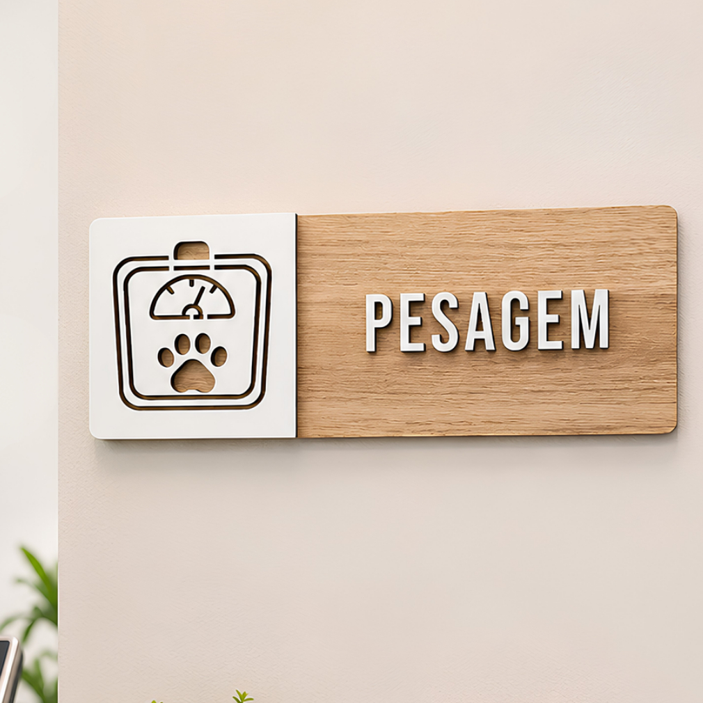 Placa Sinalização Pesagem Pet MDF Clínica Veterinária Pet Shop Banho E Tosa Identificação Local