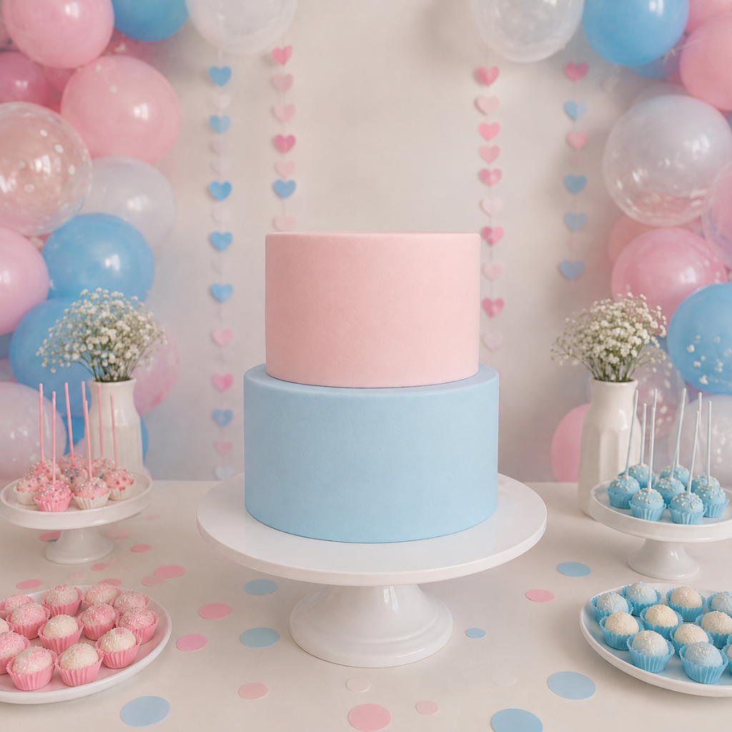 Bolo Fake Chá Revelação Menina ou Menino Rosa e Azul em EVA Decoração Reutilizável para Festa