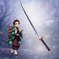 Katana Tanjiro V2 Rengoku Demon Slayer Lâmina Bambu Cosplay Com Suporte de Mesa