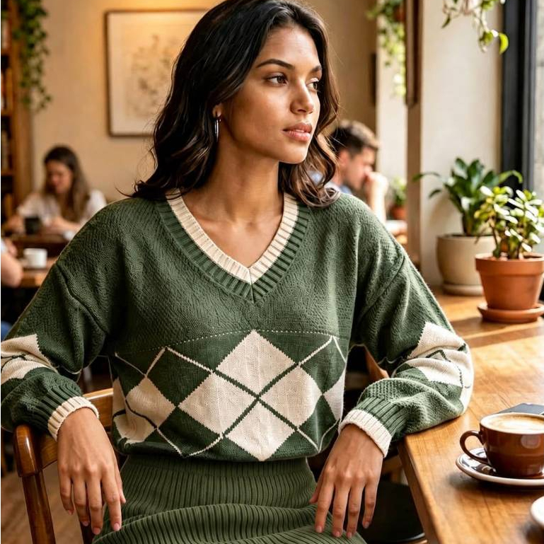 Conjunto Feminino Tricô Inverno Blusa Manga Longa Estampa Geométrica + Saia Midi Elegante Casual - ROTTA MALHAS