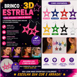 Brinco Estrela 3D Varias Cores - Acessório Leve para Carnaval, Festas e Eventos