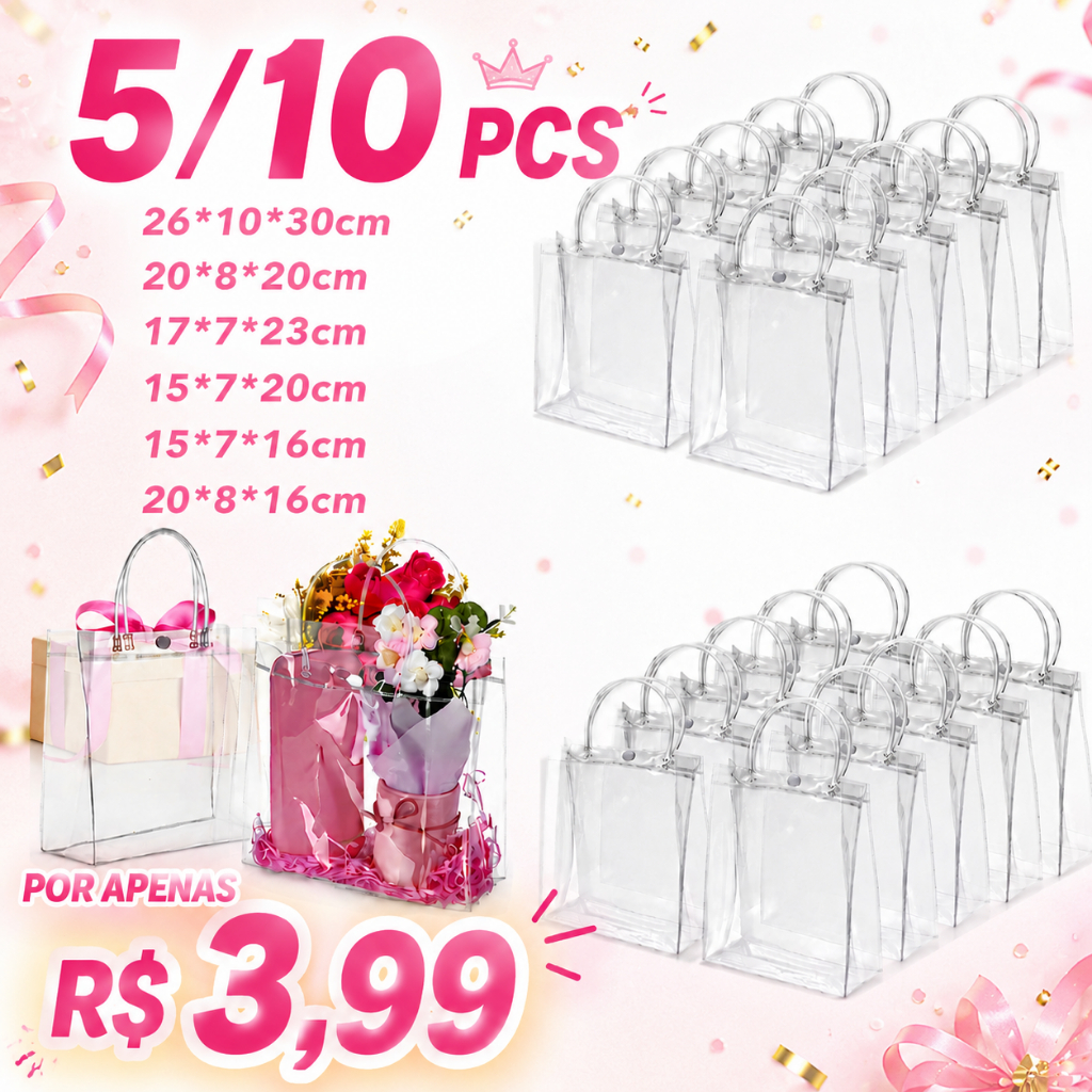 5/10 Sacola PVC Transparente com Alça e Botão Dia dos Namor