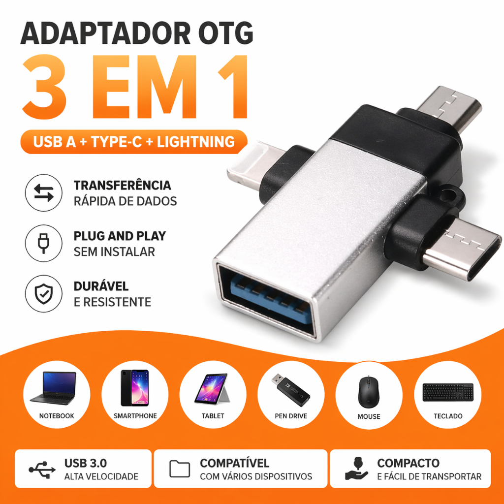 Adaptador OTG 3 em 1 USB Tipo C Para Android iPhone Conector Plug Play Smartphone Tablet