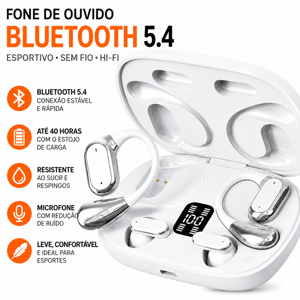 Fone de ouvido dois modelos em um, Bluetooth 5.4 som HIFI, bateria duradoura, display carga para esportes e dia a dia-B6