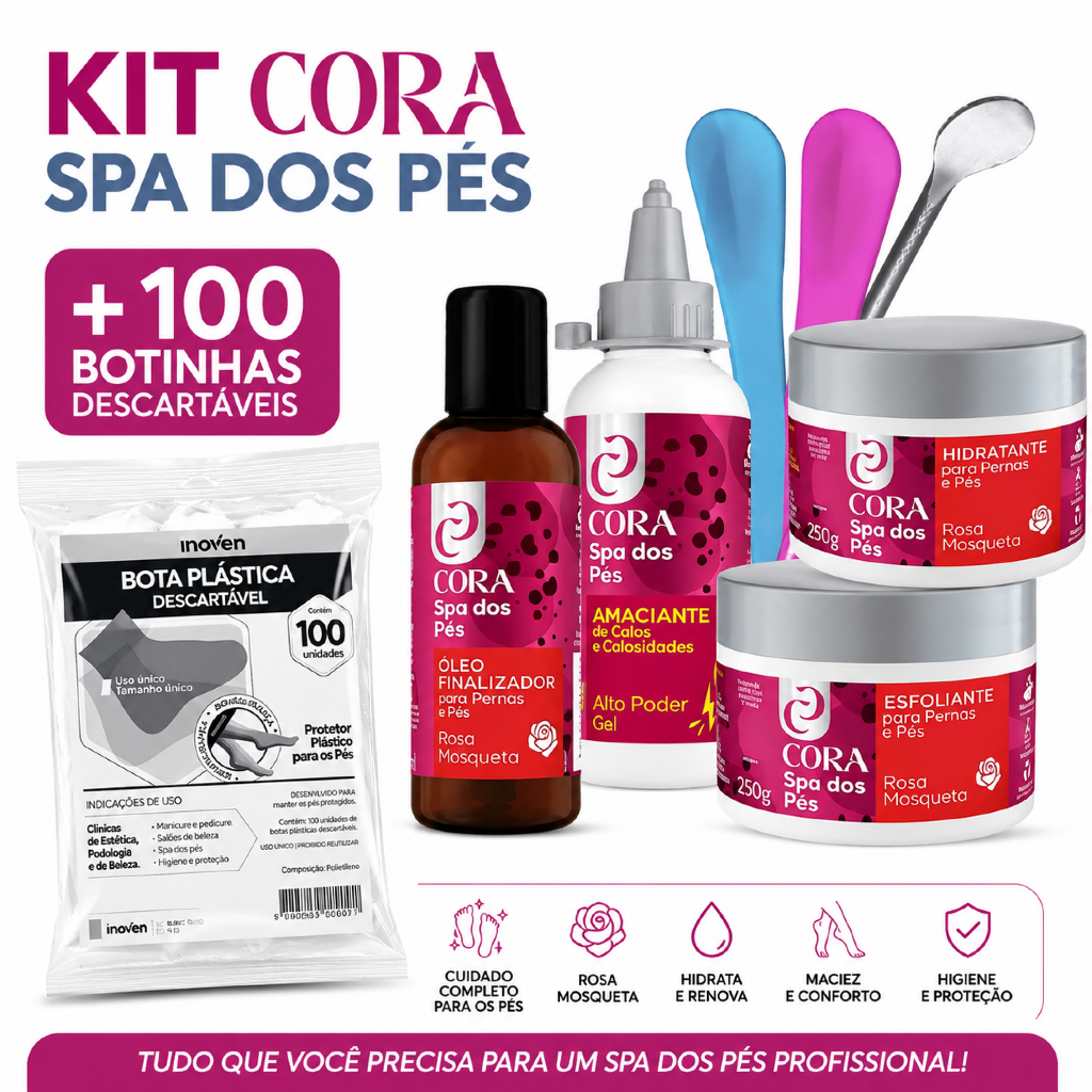 Kit Spa Dos Pés Cora Remove Calos e Pés Lisinhos + 100 bota plásticas descartável