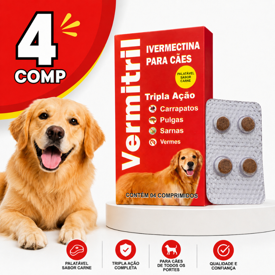 Vermitril Anti Carrapatos, Vermes, Pulgas E Sarnas - 4 Comp Mastigáveis P 15kg Cada