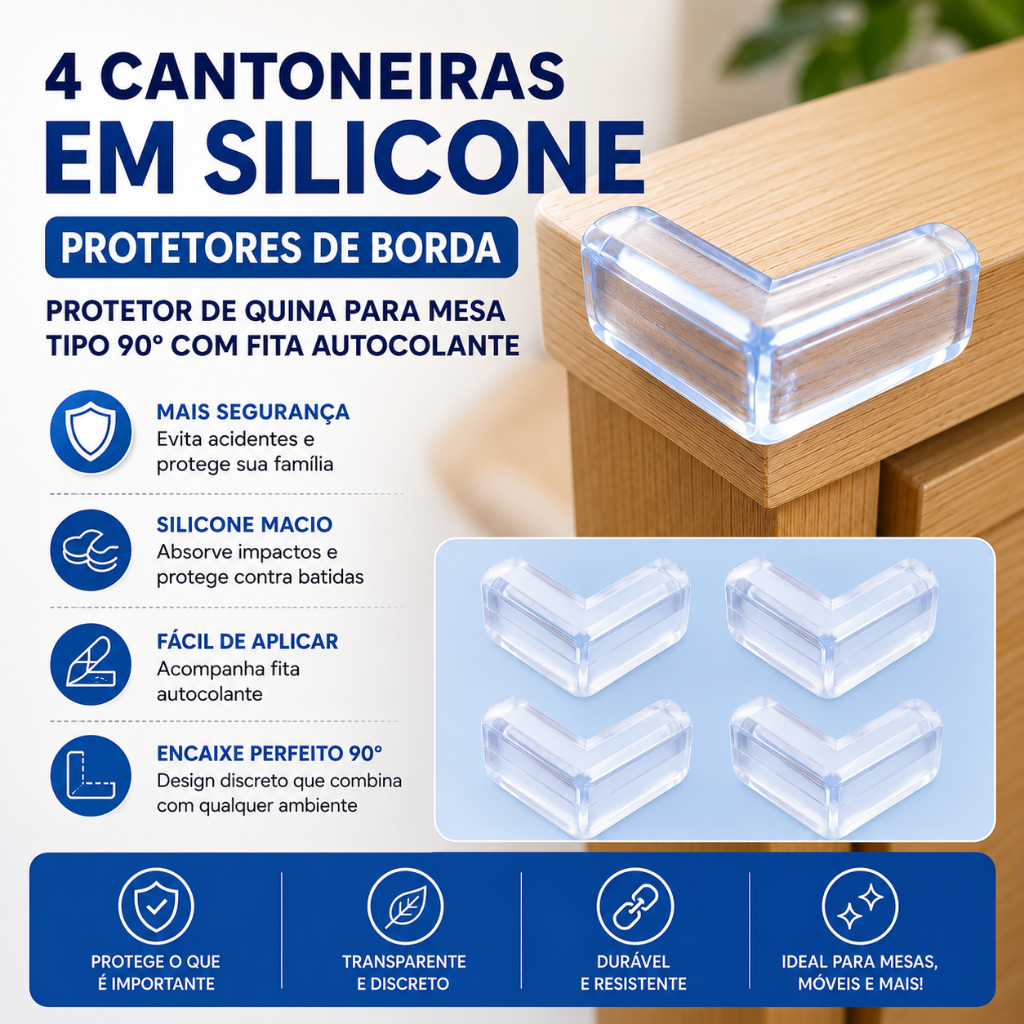 Cantoneira em Silicone Protetores de Borda Protetor De Quina Para Mesa  Tipo 90°Com 4 Peças e Fita Autocolante