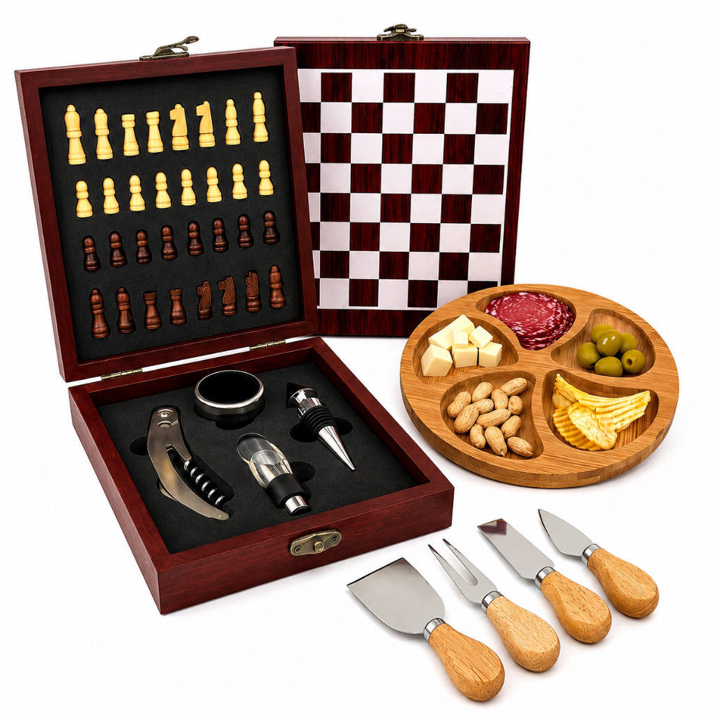 Kit Gourmet Vinho Completo Com Xadrez Petisqueira E Queijos Ideal Para Presentes