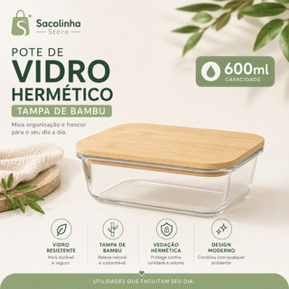 Pote de Vidro Hermético Retangular 600ml com Tampa de Bambu Organizador de Cozinha