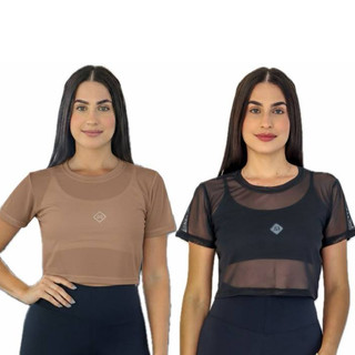 Kit 2 Cropped Tule Feminino Academia Furadinho Transparente de Manga Esportivo Moda Fitness