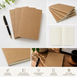 KIT Caderno Kraft Artesanal A5 14x20cm 100 Páginas Bullet Journal Planner Sketchbook