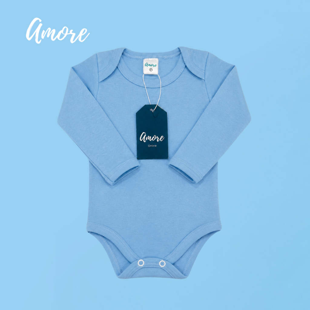 Body Manga Longa Azul Suedine - 100% Algodão