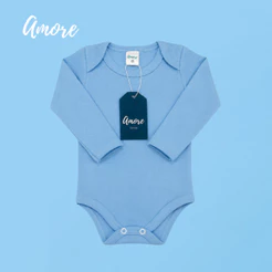 Roupas para Bebê Body Amore Manga Longa Azul Confortável 100% Algodão