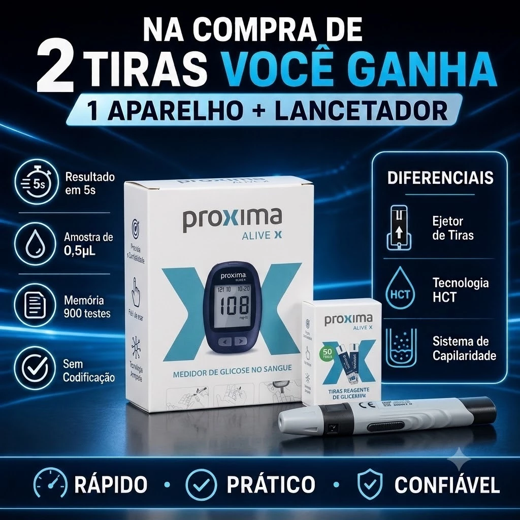 Kit Diabetes Proxima Alive: 100 Tiras Reagentes + Medidor + Caneta