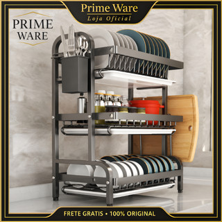 Escorredor Organizador Louças 3 andar Preto Inox Rack Modeno Com Porta Taher