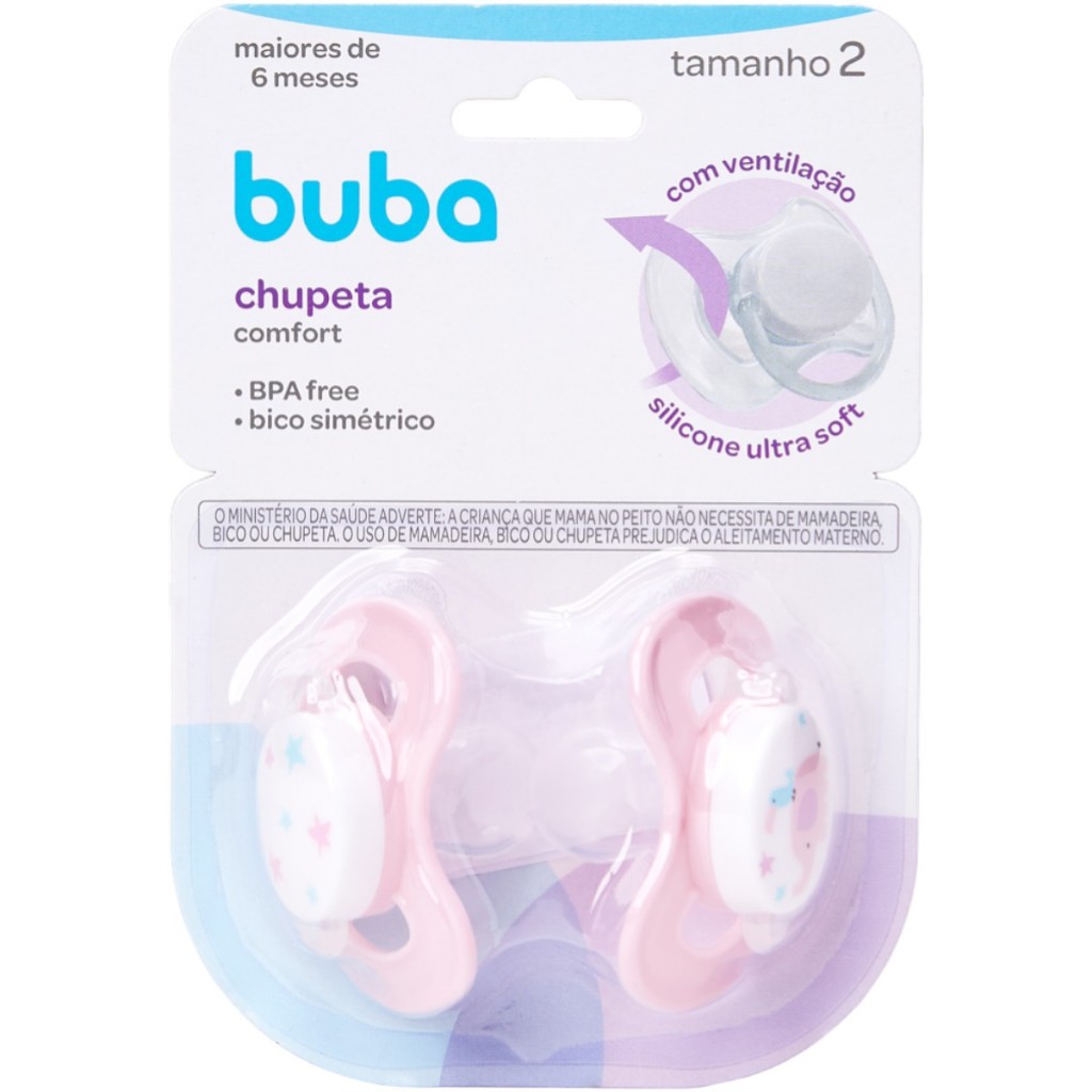 Kit 2 chupetas Tamanho 02 +6meses Rosa - Buba - Elefante e Estrelinha - Silicone com Ventilação - Comfort bico simétrico