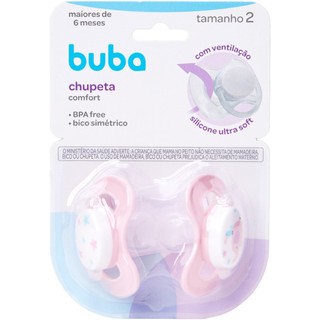 Kit 2 chupetas Tamanho 02 +6meses Rosa - Buba - Elefante e Estrelinha - Silicone com Ventilação - Comfort bico simétrico