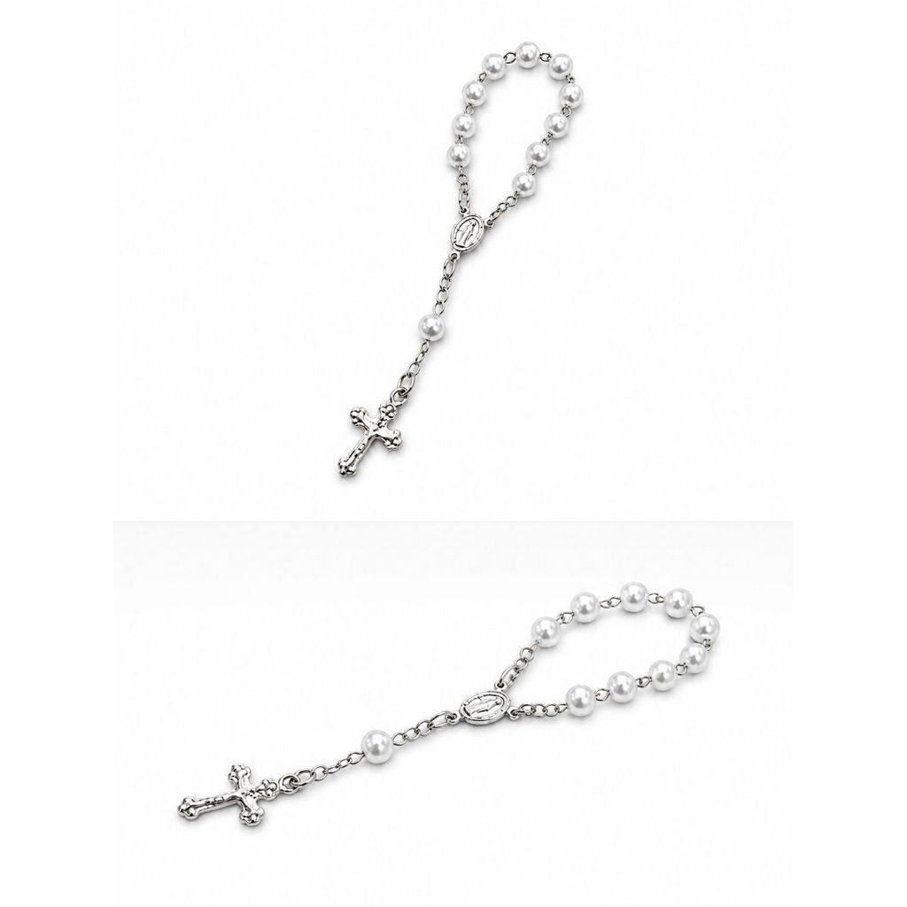 Mini Terço de Bolso Nossa Senhora Aparecida Pérolas Brancas 9cm