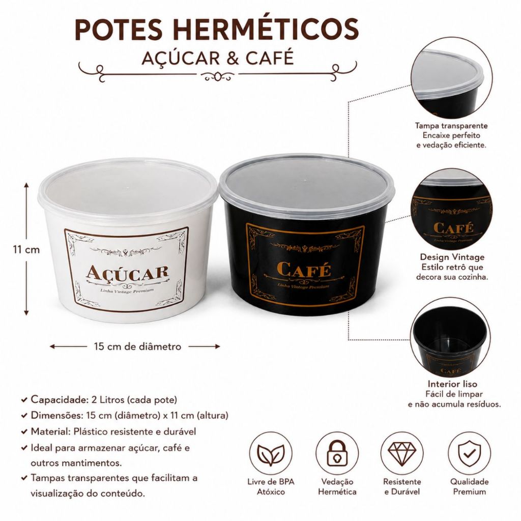 2 Potes Herméticos 2L Açúcar e Café Kit Organizador de Cozinha Tampa Transparente Plástico Resistente Jogo Mantimento