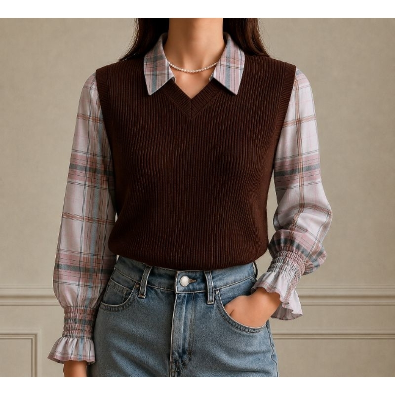 Detalhes do Camisa Feminina Social que Imita Sobreposição Plus Size Moda Blogueira Gola V