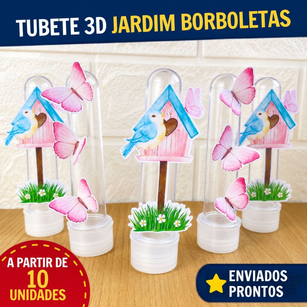 Kit Tubete 3D Jardim Encantado das Borboletas Personalizado | Lembrancinha Aniversário Infantil