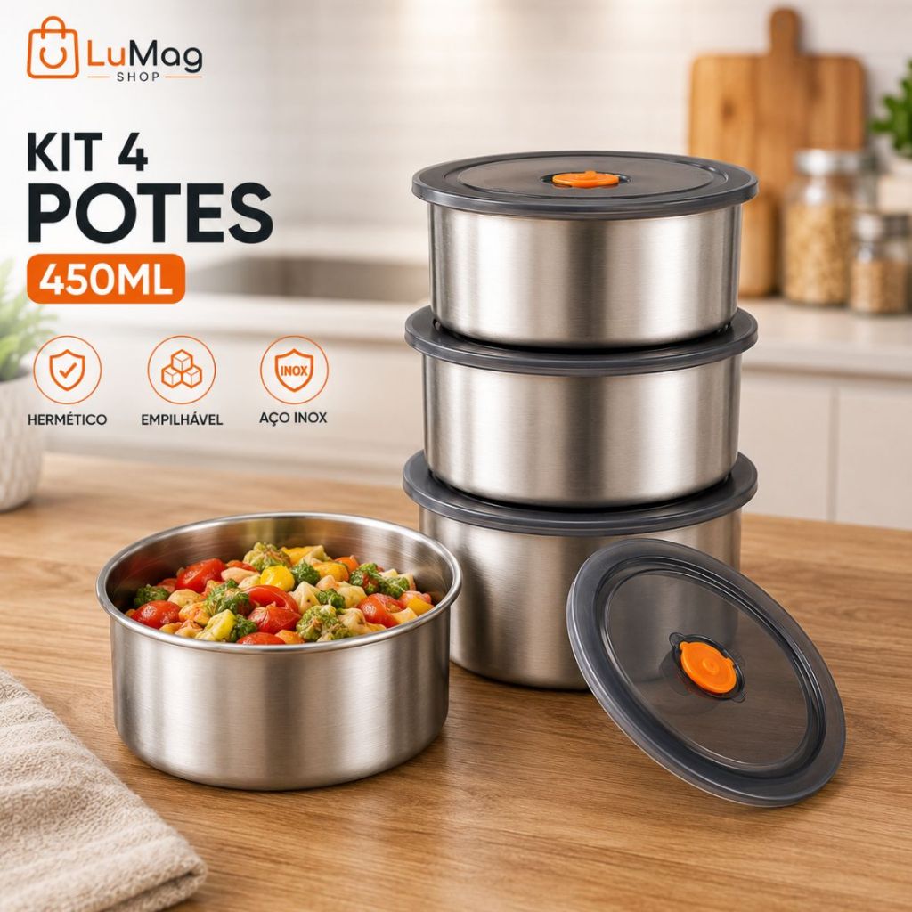 Conjunto 4 Potes Herméticos Inox 450ml Redondos Tampa Vedação para Marmita Geladeira Mantimentos