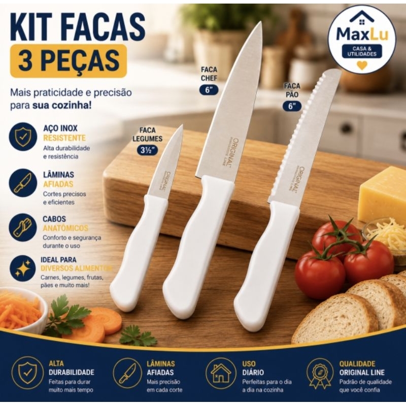Kit 3 Facas Aço Inox | faca Chef | faca Pão | faca Legumes Cozinha Cabo Branco