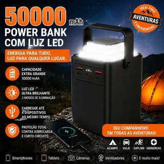 Carregador Portátil 50000mAh Com Luz LED Super Brilho Para Celular Acampamento Trilha