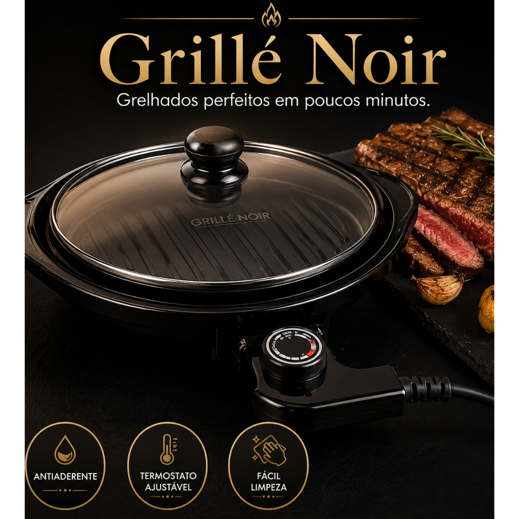 Grill Elétrico Redondo 220V com Termostato Ajustável Antiaderente Tampa de Vidro Fácil Limpeza Grillé Noir