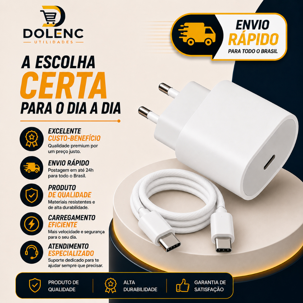 Kit Fonte Carregador USB-C + Cabo Tipo C Carregamento Rápido Compatível Android