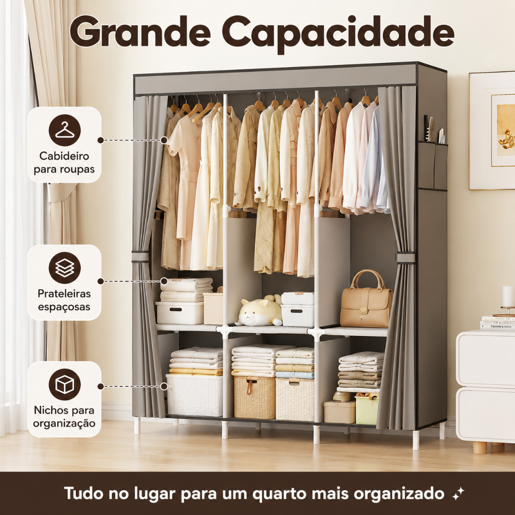 Cinzento Portátil Multifuncional Guarda Roupa Guarda-Roupa Fechado para …