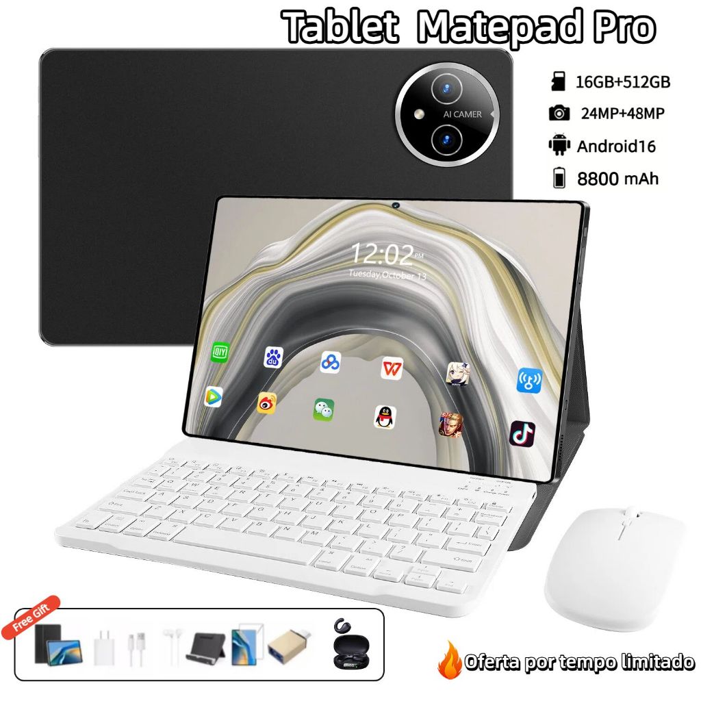 【Teclado e mouse gratuitos】Tablet matepad Pro 12,8 inch 16 GB + 512GB Bateria de 8800 mAh 5G Caixa de som grat