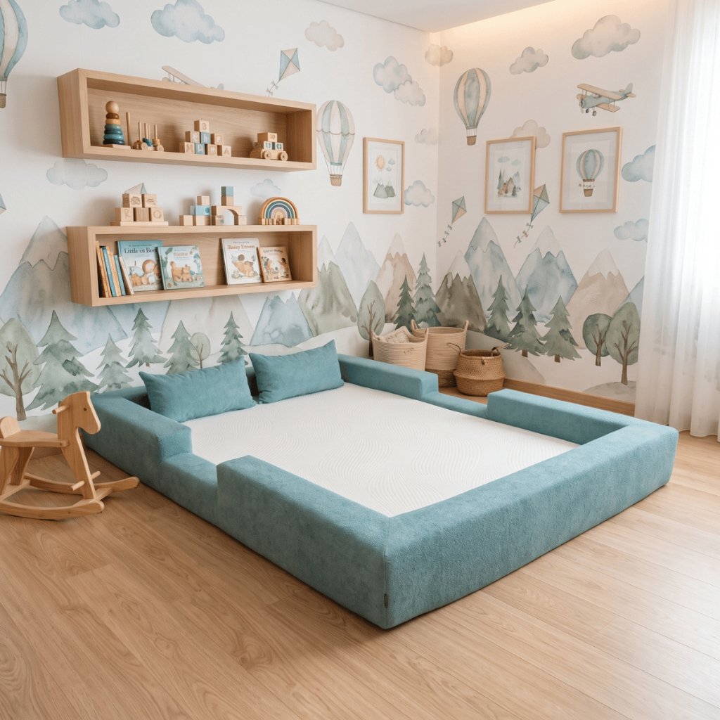 Cama Montessoriana Casal Ninho 100% Espuma Verde Água Keiko