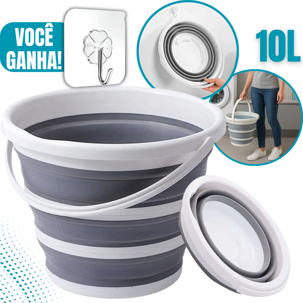 Balde Dobrável Retrátil Flexível De Silicone Cor Cinza Com Alça Produto Premium 10 Litros + GANCHO ADESIVO BRINDE