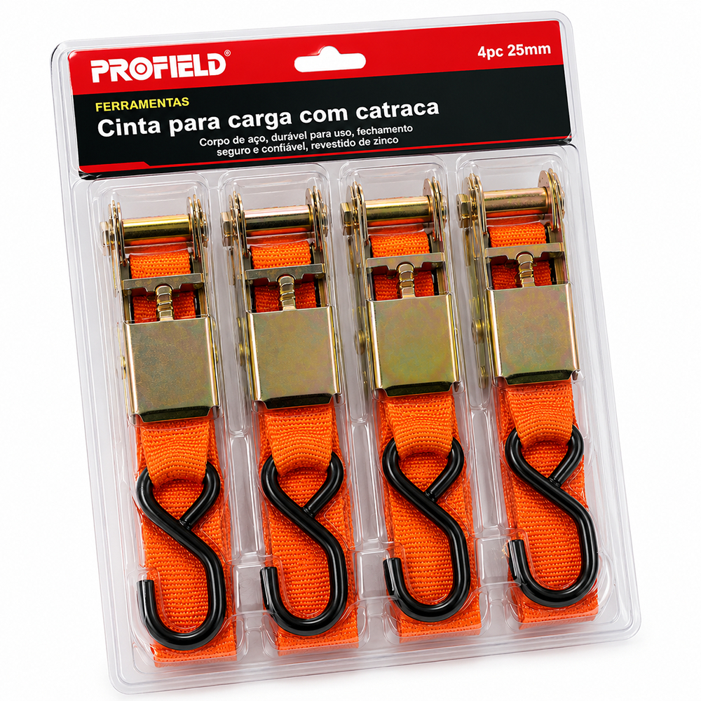 Kit 04 Fita Cinta Catraca Para Amarrar Prender Carga 4,5m x 2,5cm Suporta 480kg Tensão