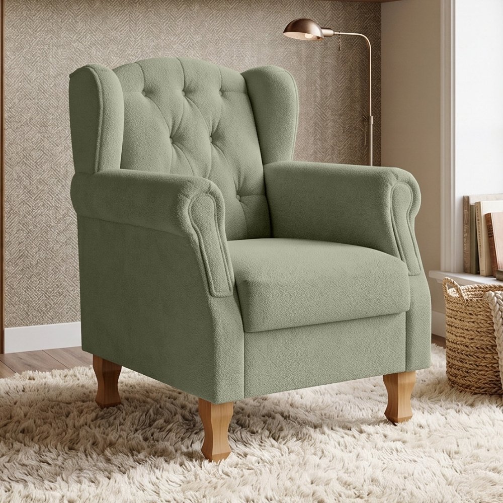Poltrona Decorativa Para Sala de Estar Yara P02 Bouclê Oliva - Lyam Decor
