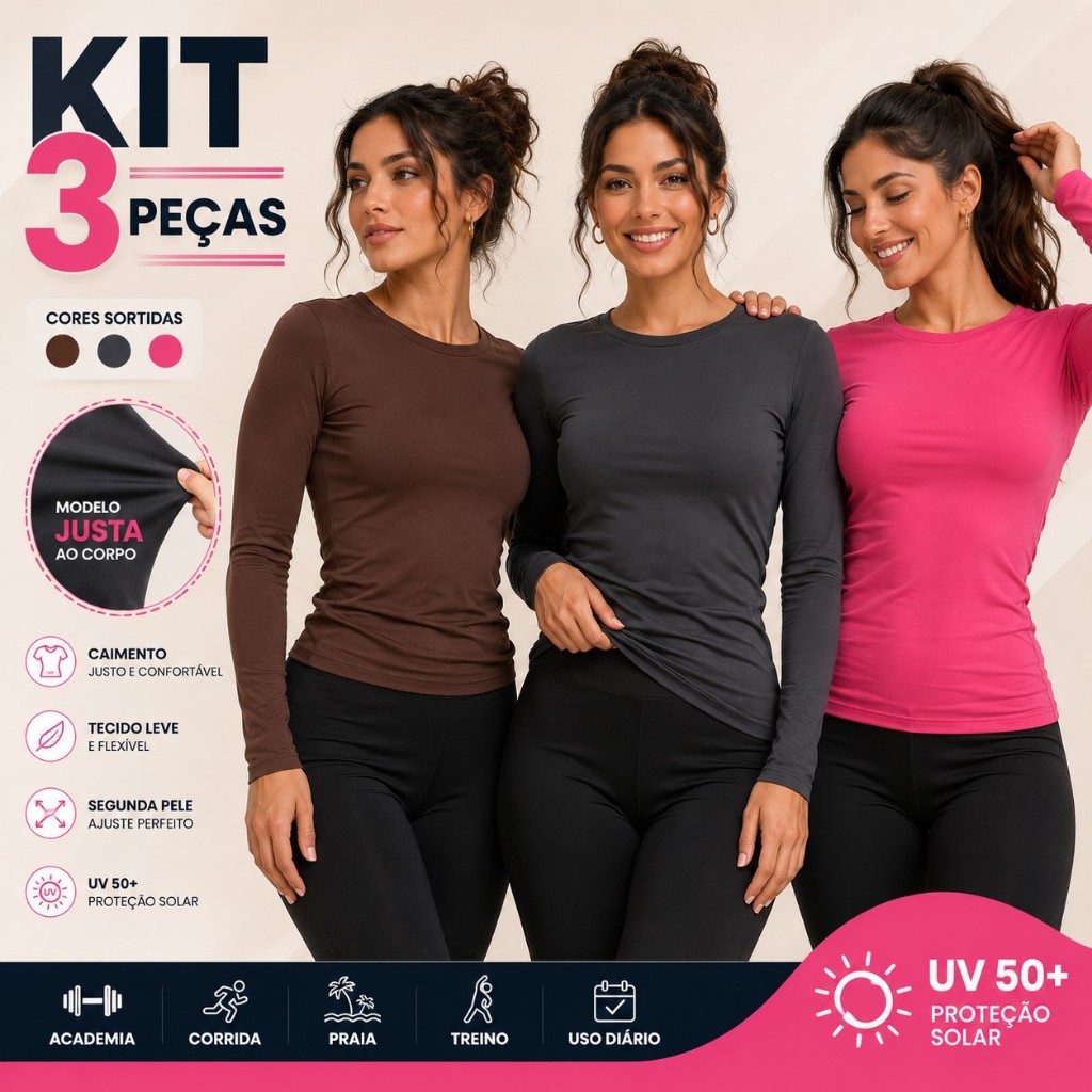Kit 3 Camisetas Segunda Pele Feminina Manga Longa UV 50+ Proteção Solar Academia Fitness